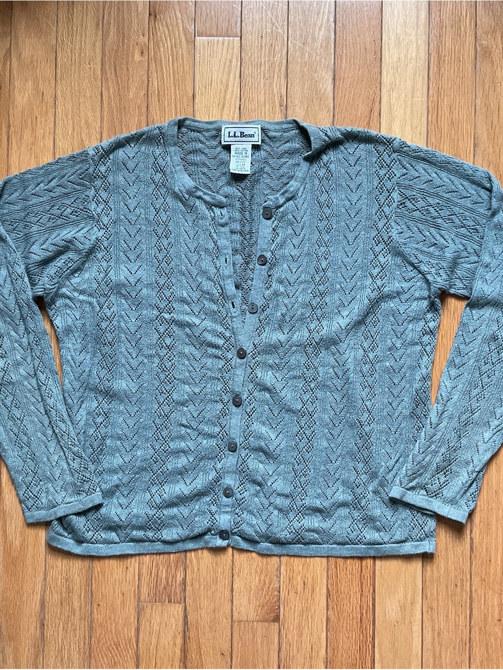 L.L.Bean Button Front Blue Green Open Knit Cardigan Size Medium Linen Cotton